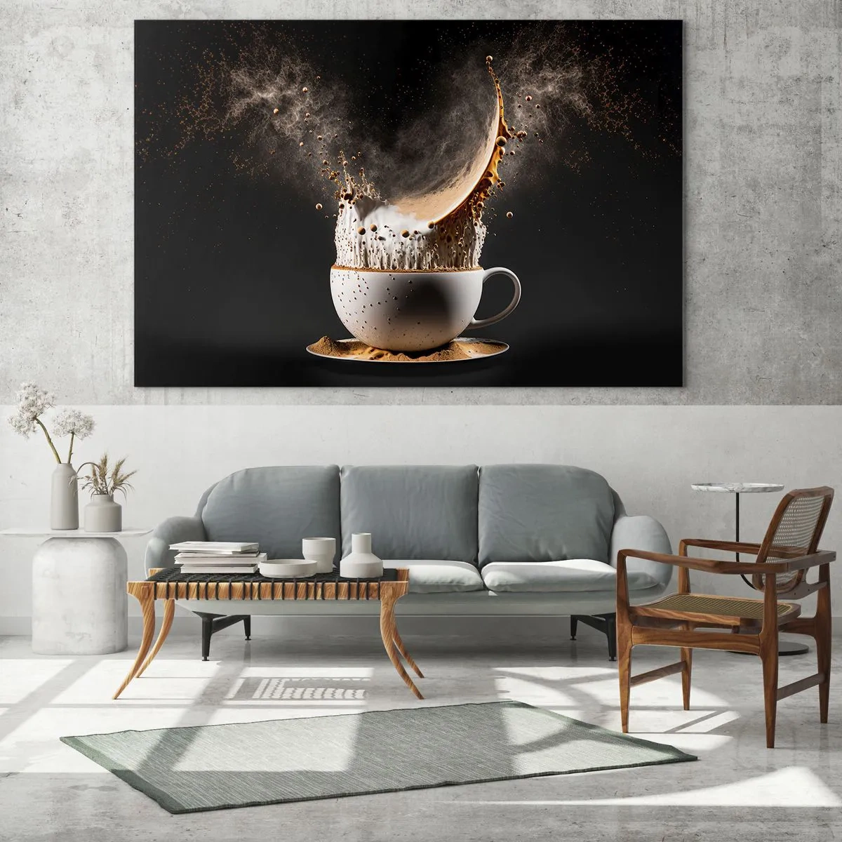 Obraz na skle - Šplouchání kávy s mlékem v dynamickém záběru - 70x50cm - Exploze chuti - Moderní nástěnná dekorace do obývacího pokoje a ložnice ARTTOR