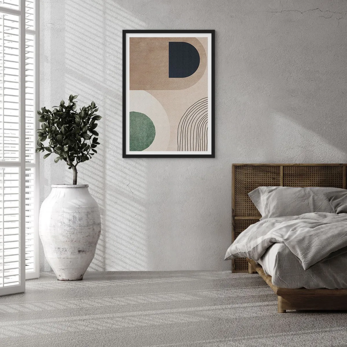 Plakát v černém rámu - Geometrická abstrakce v béžových, zelených a černých tónech - 50x70cm - Něžnost oválu - Moderní nástěnná dekorace do obývacího pokoje a ložnice ARTTOR