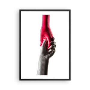 Plakát v černém rámu - Symbolické ruce v červené a stříbrné barvě na bílém pozadí - 50x70cm - Spolu i když jsme odlišní - Moderní nástěnná dekorace do obývacího pokoje a ložnice ARTTOR