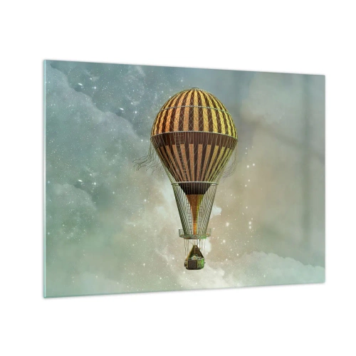 Obraz na skle - Stylizovaný balón na pozadí hvězdné oblohy a mraků. - 70x50cm - Průkopnické lety - Moderní nástěnná dekorace do obývacího pokoje a ložnice ARTTOR