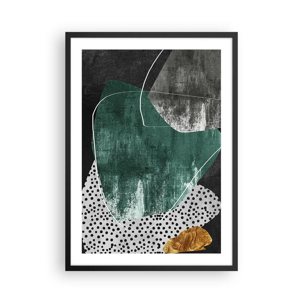 Plakát v černém rámu - Abstraktní kompozice v zelené a zlaté barvě - 50x70cm - Barevná abstrakce se zlatou vločkou - Moderní nástěnná dekorace do obývacího pokoje a ložnice ARTTOR
