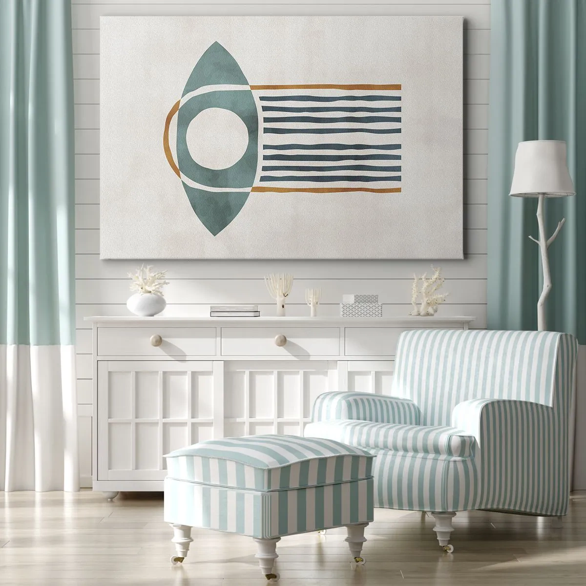 Obraz na plátně - Geometrický vzor v odstínech zelené a oranžové - 70x50cm - Znaky a rituály - Moderní nástěnná dekorace do obývacího pokoje a ložnice ARTTOR