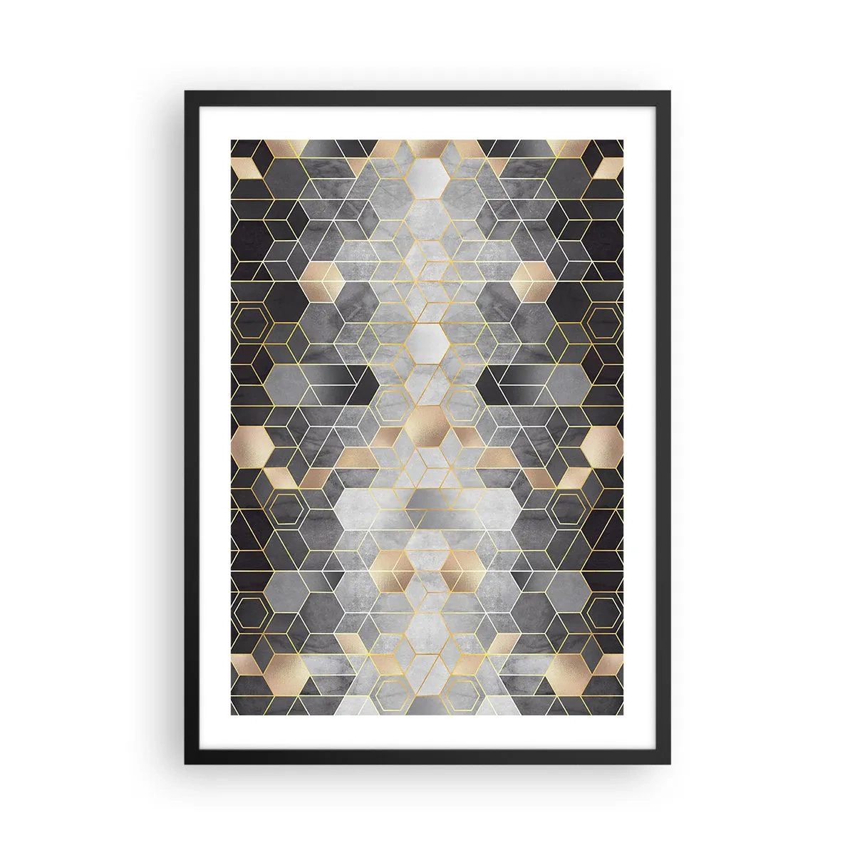 Plakát v černém rámu - Geometrický šestiúhelníkový vzor v odstínech zlaté a šedé - 50x70cm - Diamantová kompozice - Moderní nástěnná dekorace do obývacího pokoje a ložnice ARTTOR