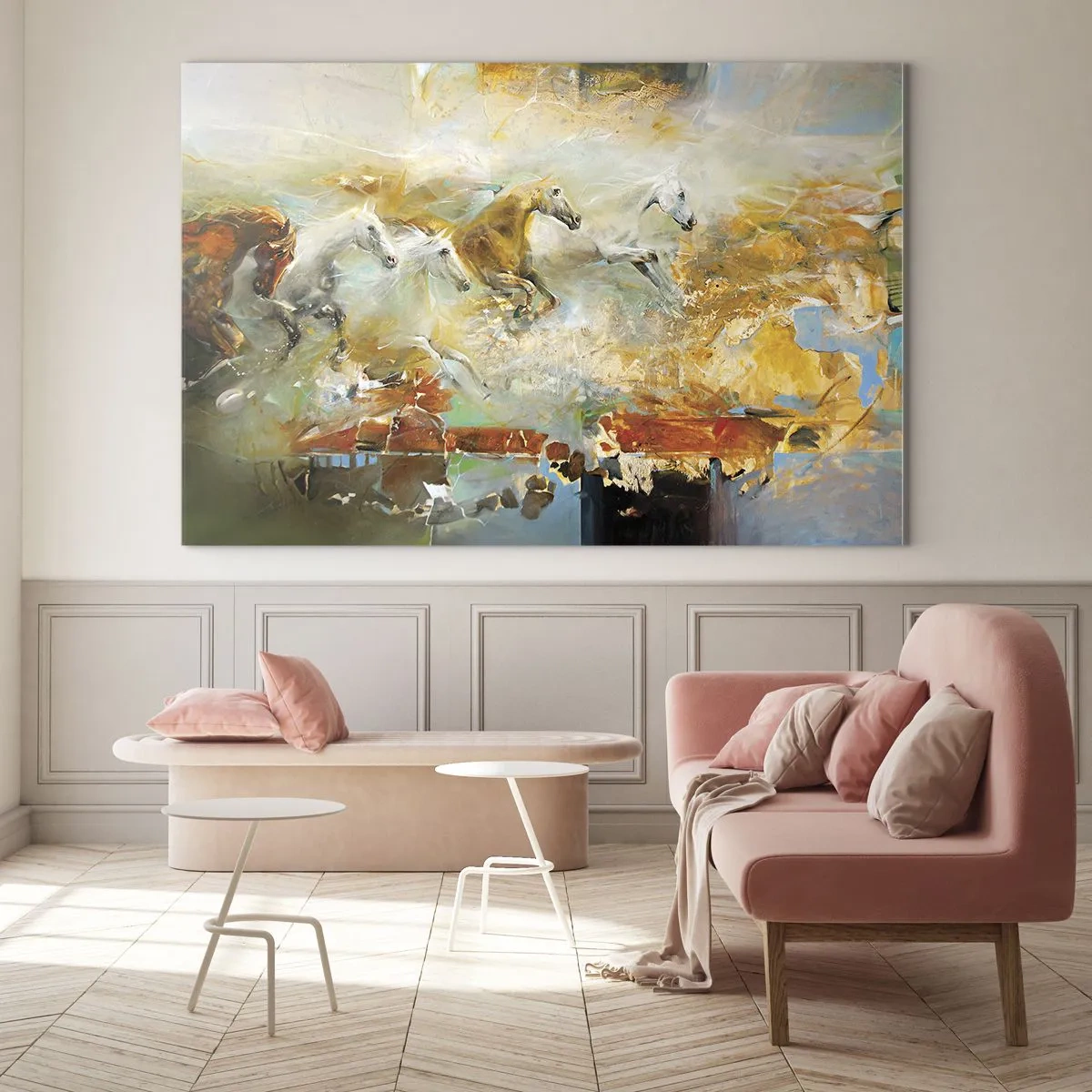 Obraz na skle - Abstraktní koně v dynamickém pohybu - 70x50cm - Cválá světlem - Moderní nástěnná dekorace do obývacího pokoje a ložnice ARTTOR