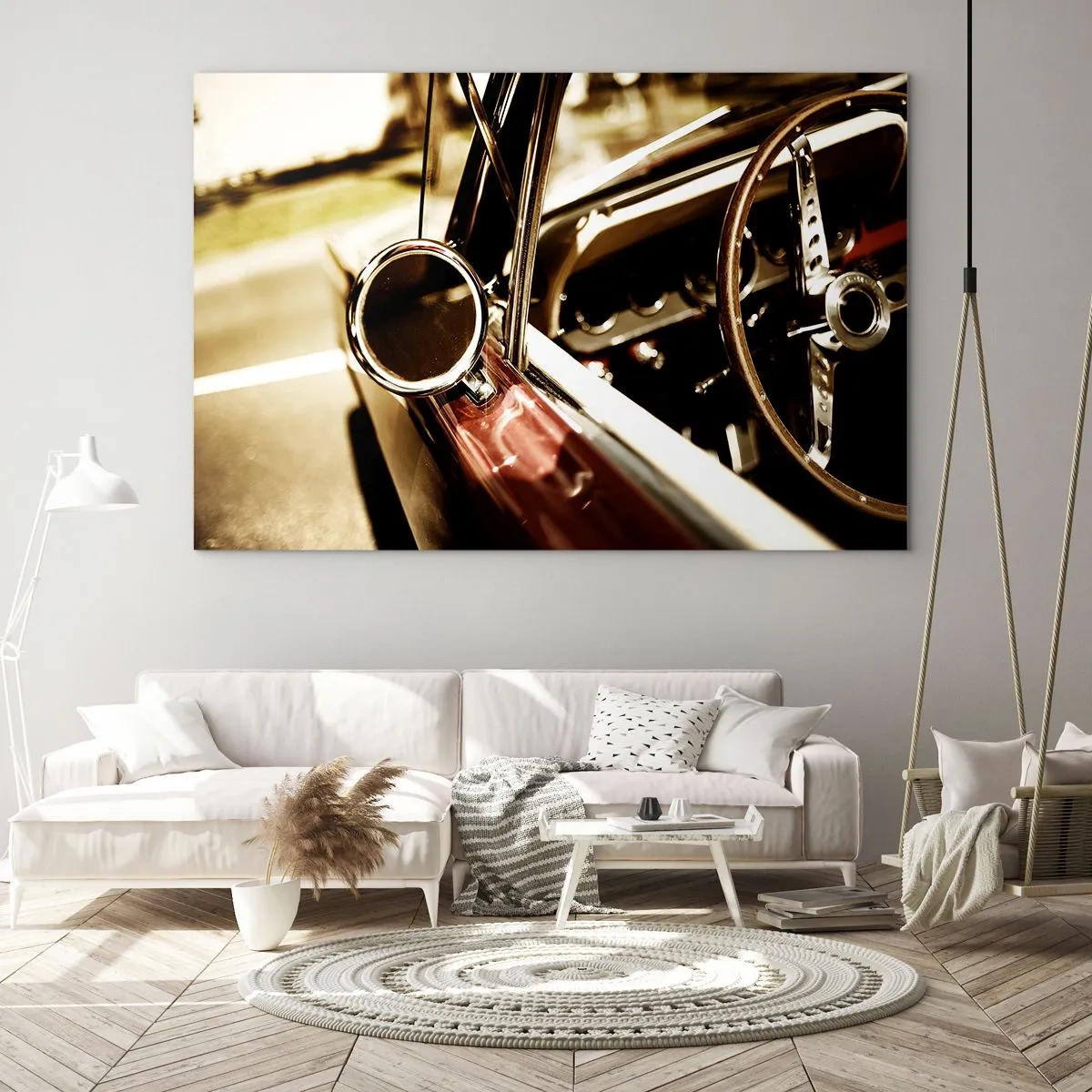 Obraz na skle - Interiér klasického vozu v retro stylu - 70x50cm - Auto s duší - Moderní nástěnná dekorace do obývacího pokoje a ložnice ARTTOR