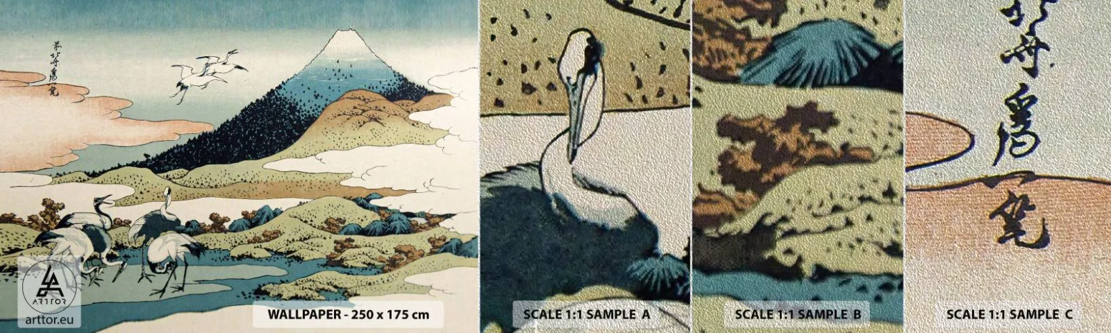 Vzor Fototapety Premium Sand - V japonském duchu - Čáp, Pták, Krajina - 100x30 cm