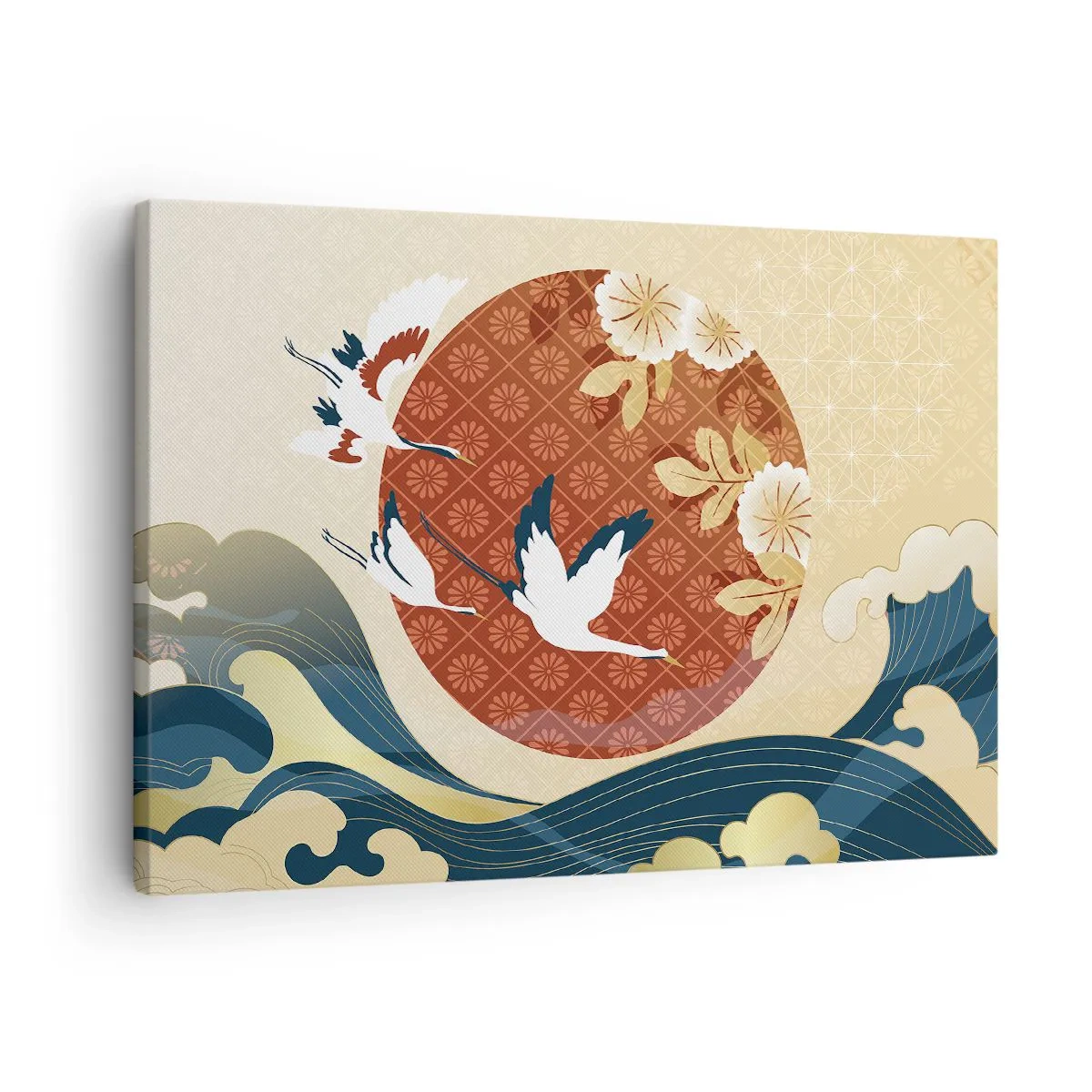 Obraz na plátně - Japonská kompozice s jeřáby a vlnami - 70x50cm - Japonská pohádka - Moderní nástěnná dekorace do obývacího pokoje a ložnice ARTTOR
