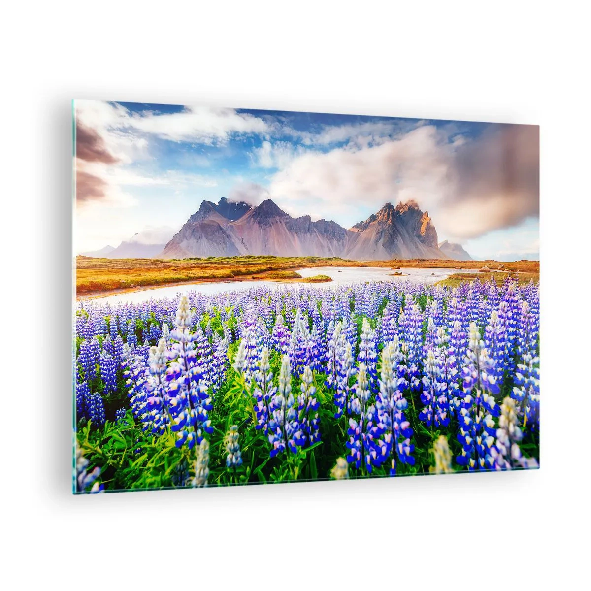 Obraz na skle - Horská krajina s kvetoucí loukou a majestátními vrcholy - 70x50cm - Síla a přísnost vedle mírnosti - Moderní nástěnná dekorace do obývacího pokoje a ložnice ARTTOR