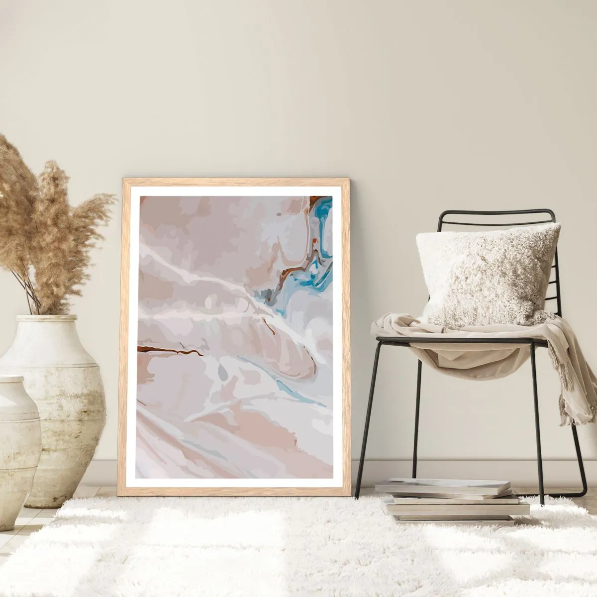 Plakát v rámu světlý dub - Modré meandry pod bílou - 70x100 cm