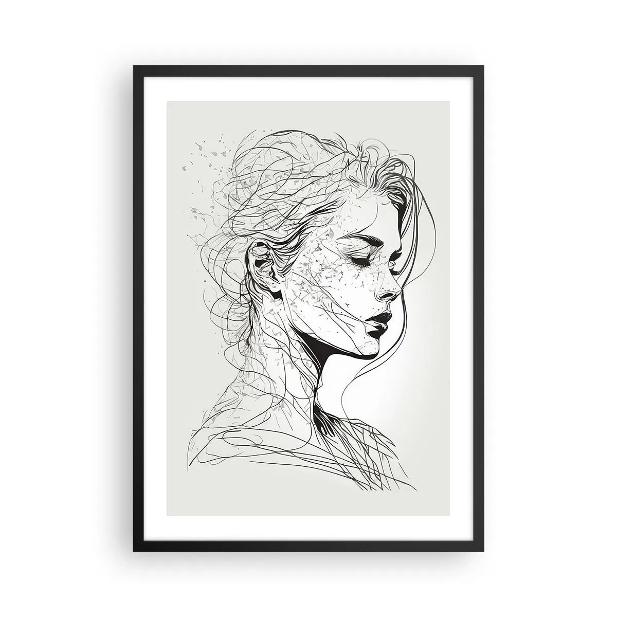 Plakát v černém rámu - Skica ženy s rozpuštěnými vlasy, vytvořená v minimalistickém stylu. - 50x70cm - Portrét v zamyšlení - Moderní nástěnná dekorace do obývacího pokoje a ložnice ARTTOR