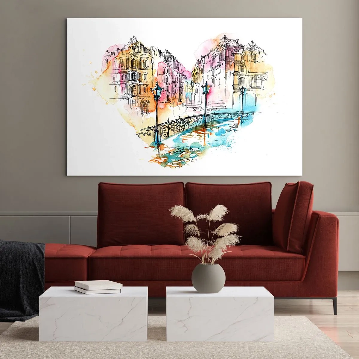Obraz na skle - Romantické činžovní domy s mostem ve tvaru srdce, akvarel - 70x50cm - Srdce města - Moderní nástěnná dekorace do obývacího pokoje a ložnice ARTTOR