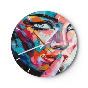 Nástěnné hodiny - Portrét ženy v abstraktním stylu s živými barvami - 30x30cm - Naše první tajemství - Moderní nástěnná dekorace do obývacího pokoje, kuchyně a ložnice ARTTOR
