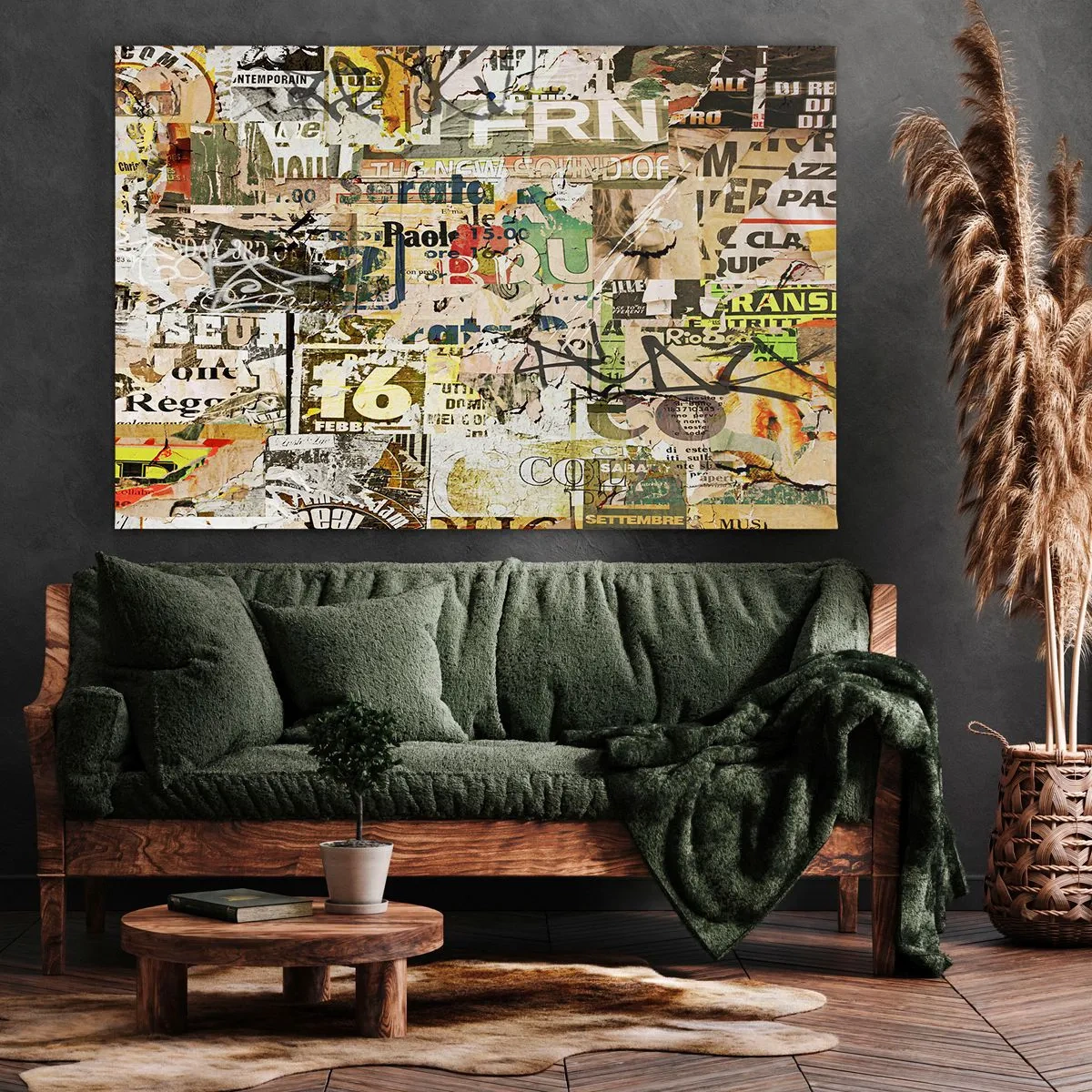 Obraz na plátně - Koláž z útržků novin a plakátů v uměleckém stylu. - 70x50cm - Och, děje se to… - Moderní nástěnná dekorace do obývacího pokoje a ložnice ARTTOR