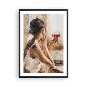 Plakát v černém rámu - Žena držící sklenici vína a zamyšleně vypadající - 50x70cm - Chuť dobré chvíle - Moderní nástěnná dekorace do obývacího pokoje a ložnice ARTTOR