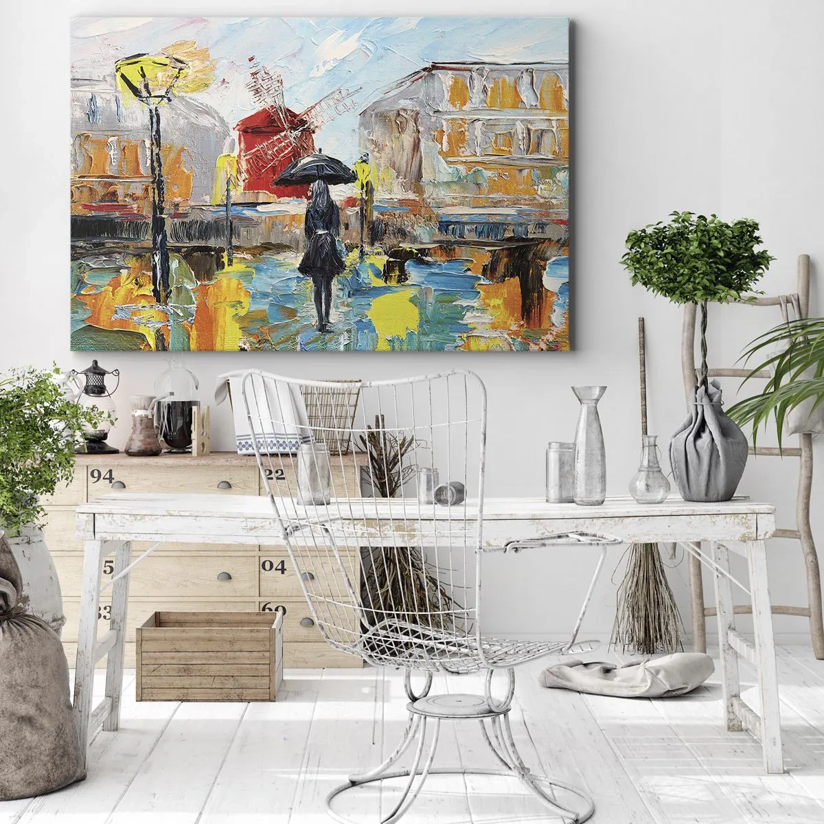 Obraz na plátně - Malebná scéna s deštníkem na pozadí Paříže v zářivých barvách. - 70x50cm - Pařížské legendy - Moderní nástěnná dekorace do obývacího pokoje a ložnice ARTTOR