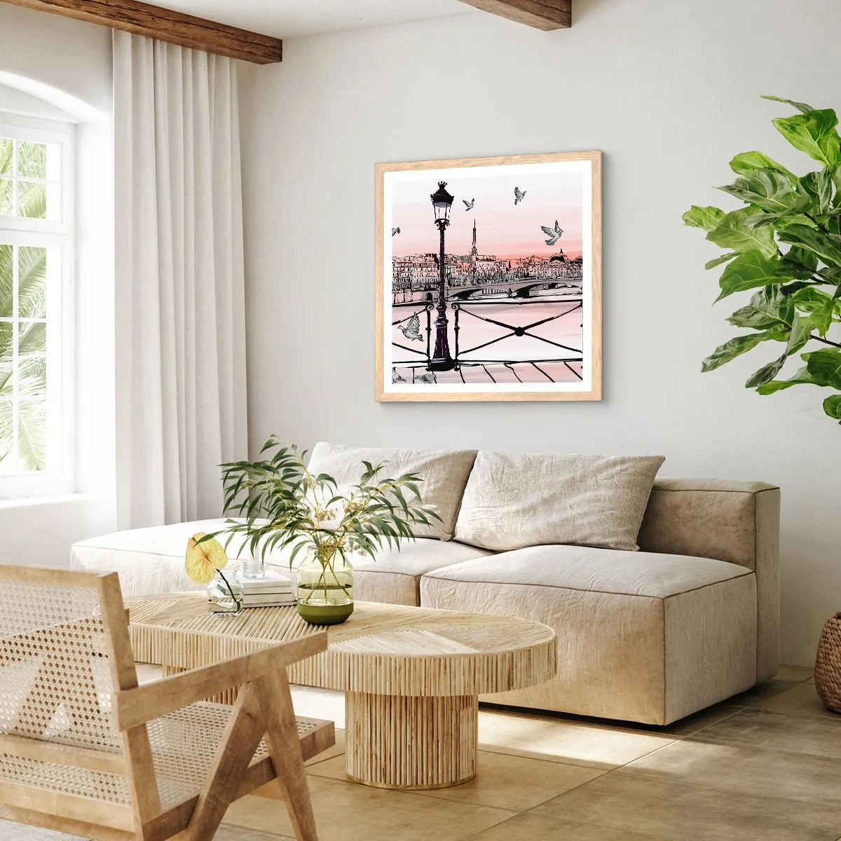 Plakát v rámu světlý dub - Nad střechami Paříže - 60x60 cm