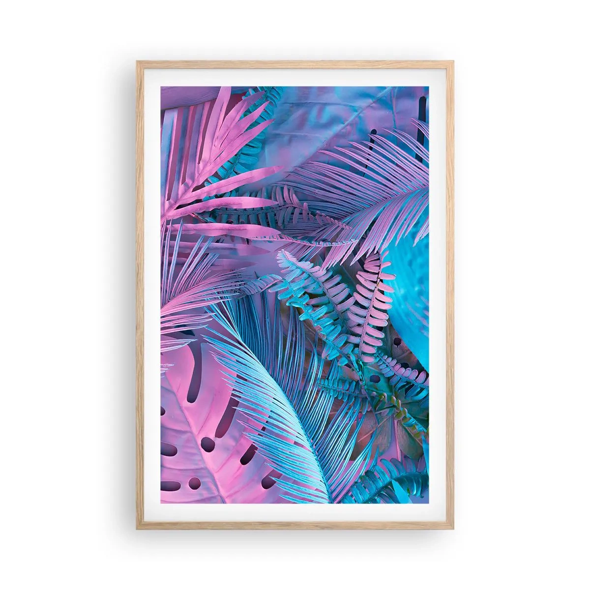 Plakát v rámu světlý dub - Tropy v růžové a modré - 61x91 cm