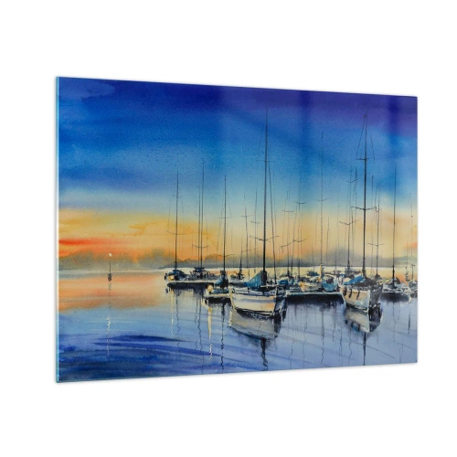 Obraz na skle - Plachetnice v přístavu při západu slunce - 70x50cm - Konec dobrého dne - Moderní nástěnná dekorace do obývacího pokoje a ložnice ARTTOR