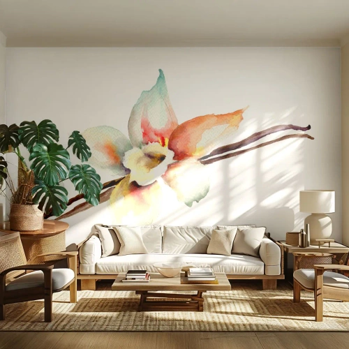 Fototapeta Standard Eco - Akvarelová ilustrace vanilkového květu na bílém pozadí - 100x70cm - Barvičkou rozlitá sladkost - Moderní nástěnná dekorace do obývacího pokoje a ložnice ARTTOR