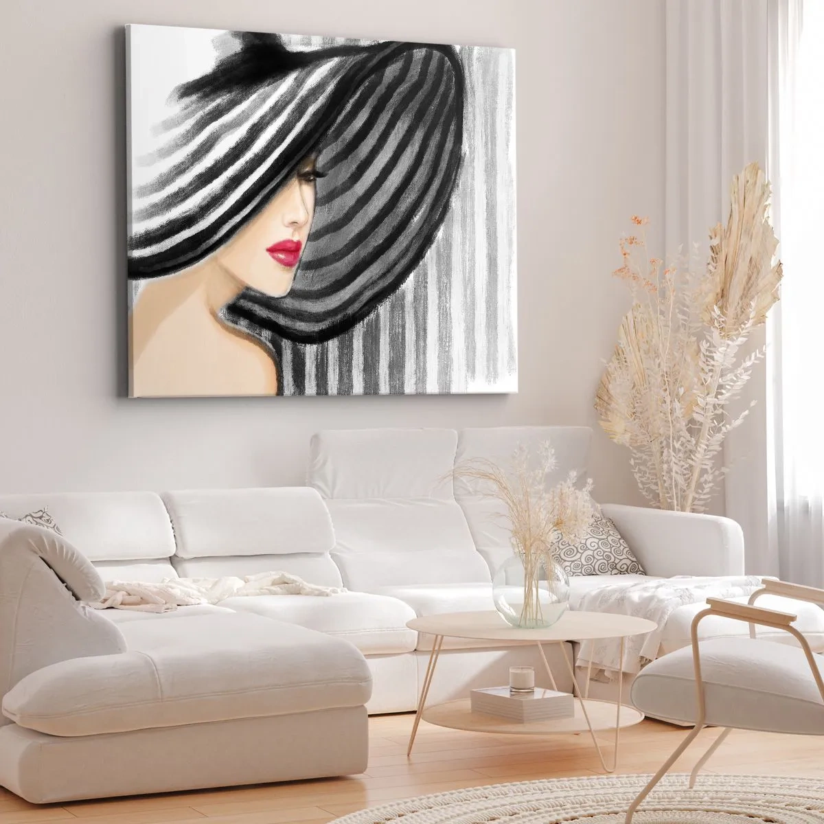 Obraz na plátně - Žena v černobílém klobouku s červeným akcentem - 70x50cm - Kde tě hledat? - Moderní nástěnná dekorace do obývacího pokoje a ložnice ARTTOR