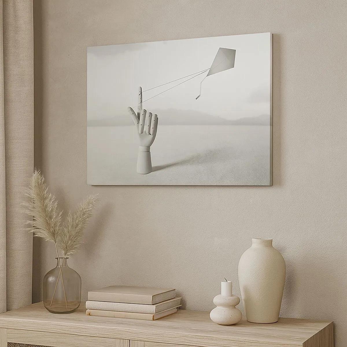 Obraz na plátně - Minimalistická dřevěná ruka s drakem na pozadí krajiny. - 70x50cm - Výzva - Moderní nástěnná dekorace do obývacího pokoje a ložnice ARTTOR