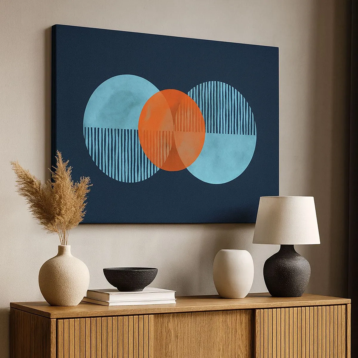Obraz na plátně - Geometrické kruhy v odstínech modré a oranžové - 70x50cm - Symetrická kompozice - Moderní nástěnná dekorace do obývacího pokoje a ložnice ARTTOR