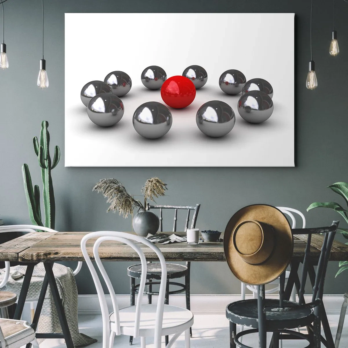 Obraz na plátně - Červený míč obklopený stříbrnými kuličkami na bílém pozadí - 70x50cm - Kruh v stříbrné a červené - Moderní nástěnná dekorace do obývacího pokoje a ložnice ARTTOR