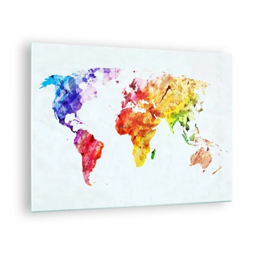 Obraz na skle - Akvarelová mapa světa v jasných barvách - 70x50cm - Všechny barvy světa - Moderní nástěnná dekorace do obývacího pokoje a ložnice ARTTOR