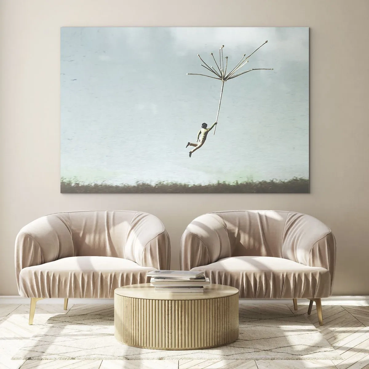 Obraz na skle - Chlapec letí s pampeliškovým semínkem nad loukou - 70x50cm - Letající pampeliška - Moderní nástěnná dekorace do obývacího pokoje a ložnice ARTTOR