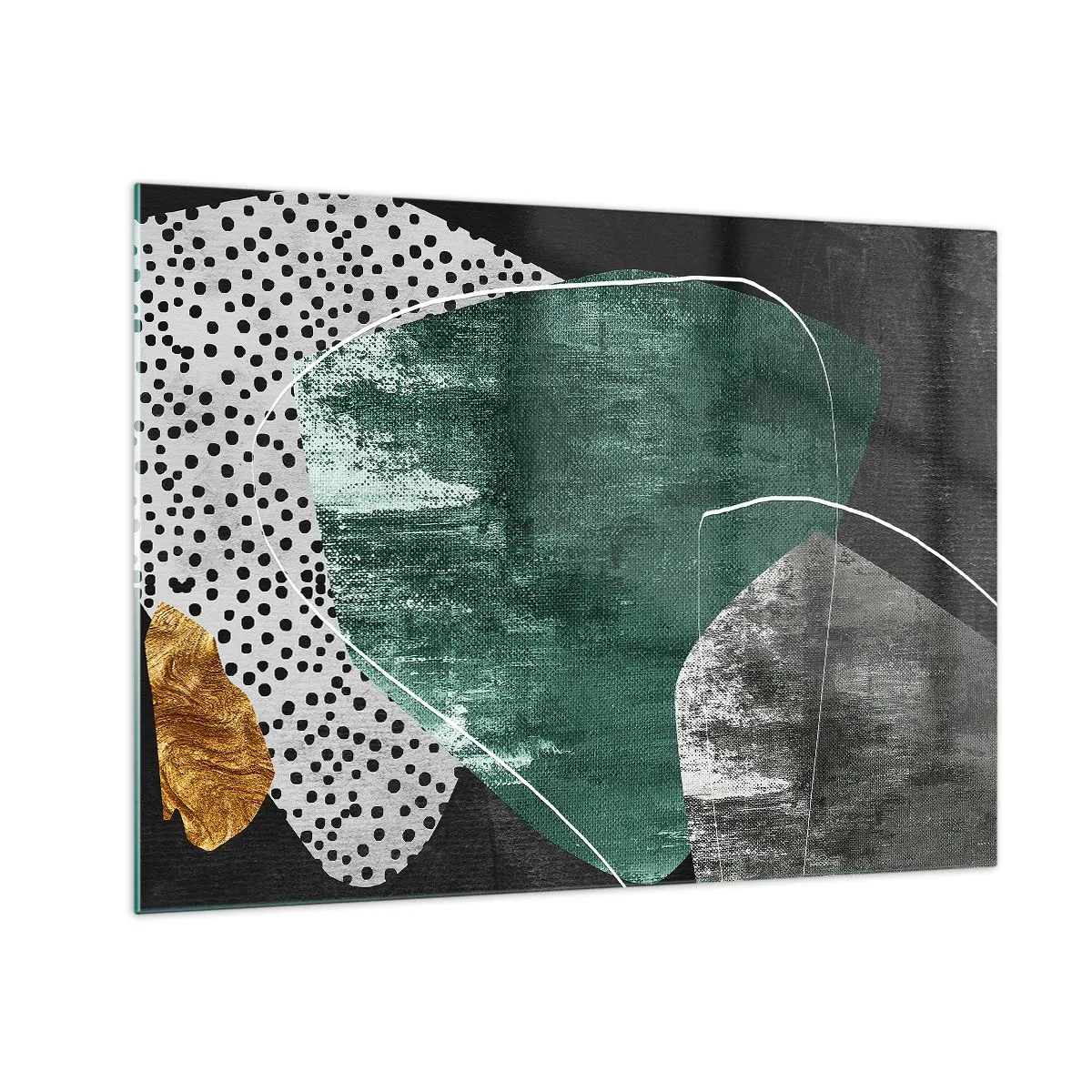 Obraz na skle - Zelené formy s černým pozadím a zlatým akcentem - 70x50cm - Barevná abstrakce se zlatou vločkou - Moderní nástěnná dekorace do obývacího pokoje a ložnice ARTTOR