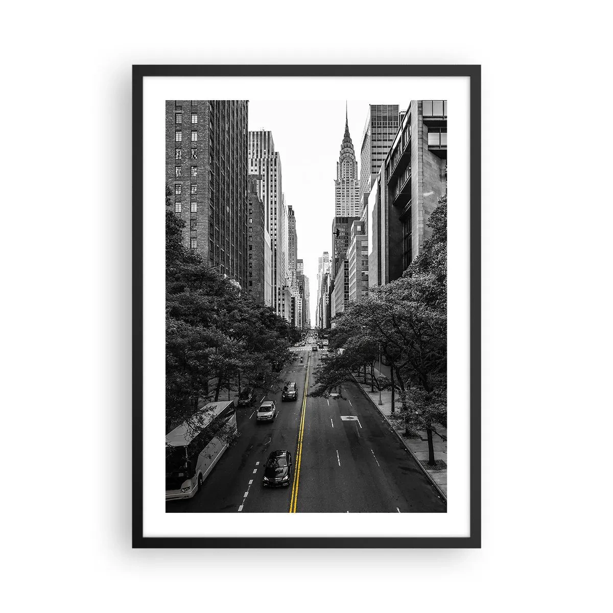 Plakát v černém rámu - Černobílé panorama města se žlutou čarou na silnici - 50x70cm - Newyorské ráno - Moderní nástěnná dekorace do obývacího pokoje a ložnice ARTTOR
