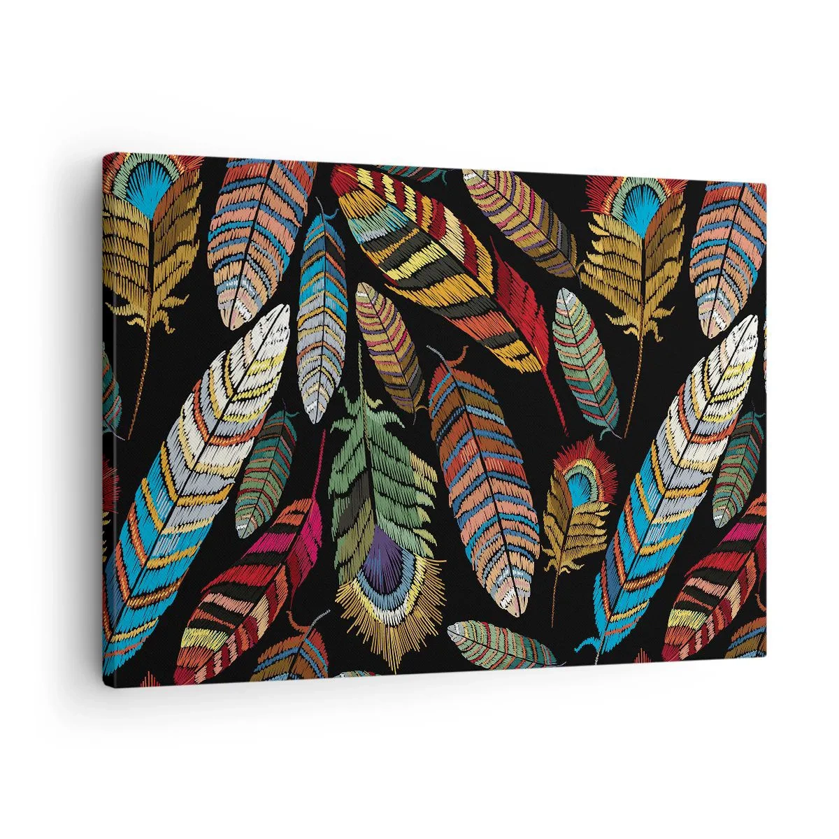 Obraz na plátně - Barevné peří na černém pozadí - 70x50cm - Ptačí karneval - Moderní nástěnná dekorace do obývacího pokoje a ložnice ARTTOR