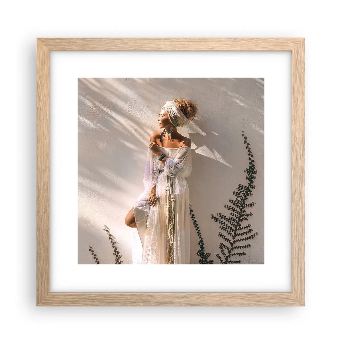 Plakát v rámu světlý dub - Slunce a dívka - 30x30 cm