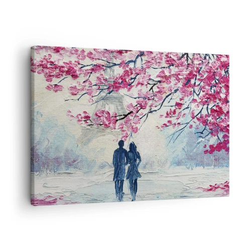 Obraz na plátně - Pár pod rozkvetlými růžovými stromy v romantickém prostředí - 70x50cm - Romantická procházka - Moderní nástěnná dekorace do obývacího pokoje a ložnice ARTTOR