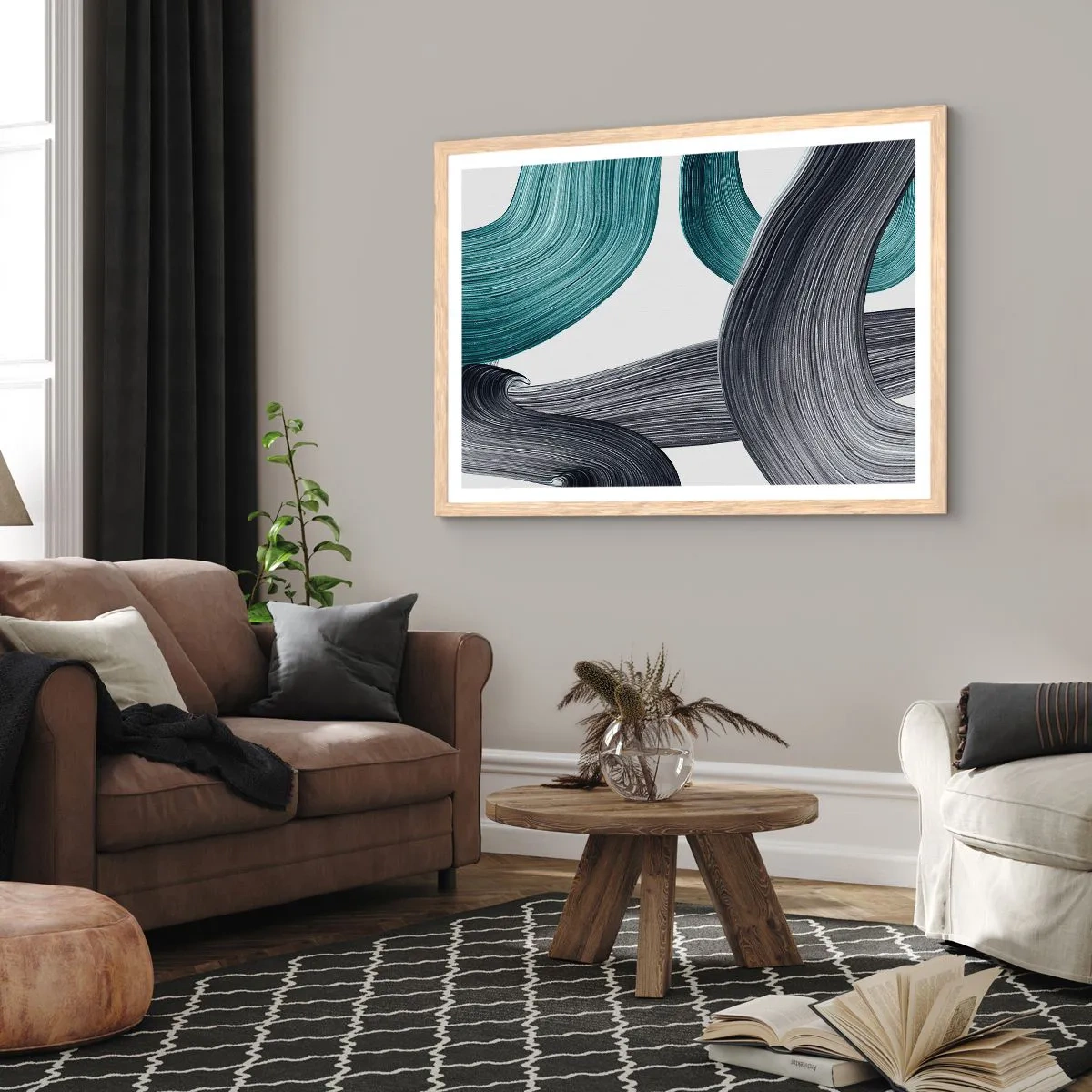 Plakát v rámu světlý dub - Smaragdové a černé vlny - 40x30 cm