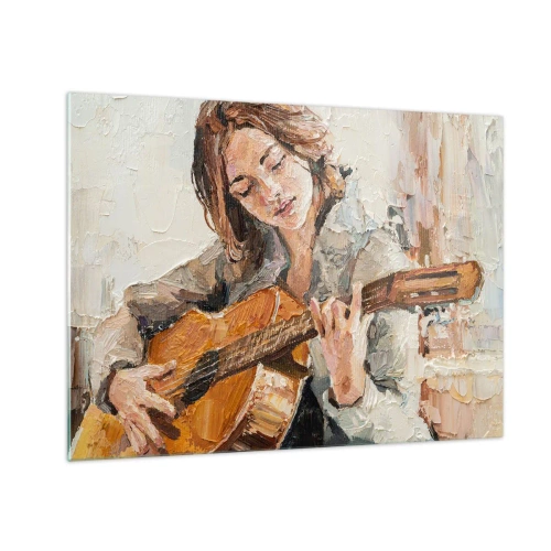 Obraz na skle - Dívka hrající na kytaru v impresionistickém stylu - 70x50cm - Koncert pro kytaru a dívčí srdce - Moderní nástěnná dekorace do obývacího pokoje a ložnice ARTTOR