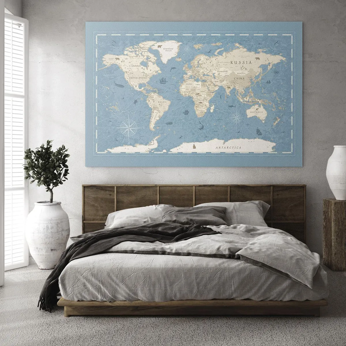 Obraz na skle - Stylizovaná mapa světa na modrém pozadí - 70x50cm - Svět na dosah ruky - Moderní nástěnná dekorace do obývacího pokoje a ložnice ARTTOR