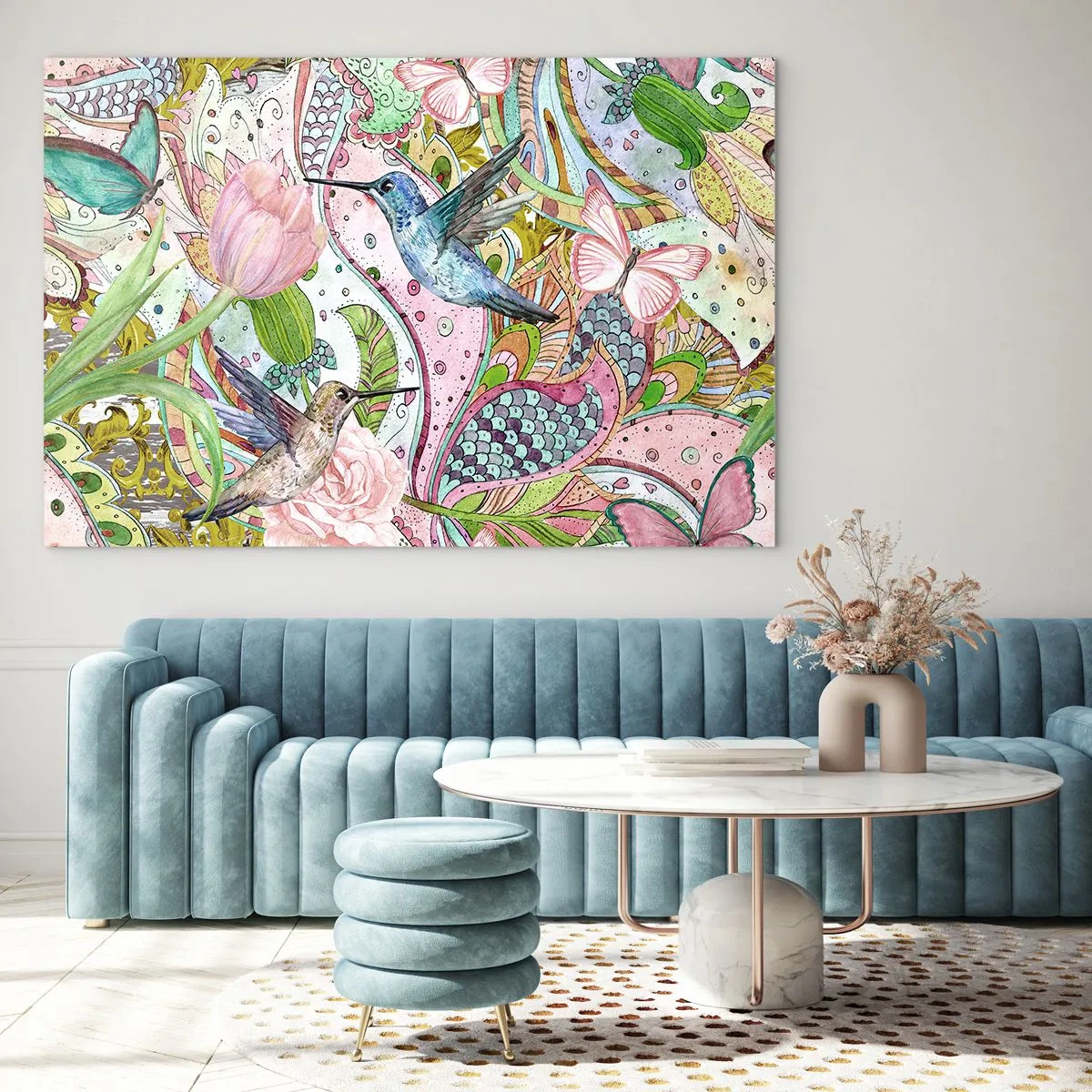 Obraz na skle - Barevní kolibříci mezi květinami a motýly - 70x50cm - Zamotané do lián - Moderní nástěnná dekorace do obývacího pokoje a ložnice ARTTOR