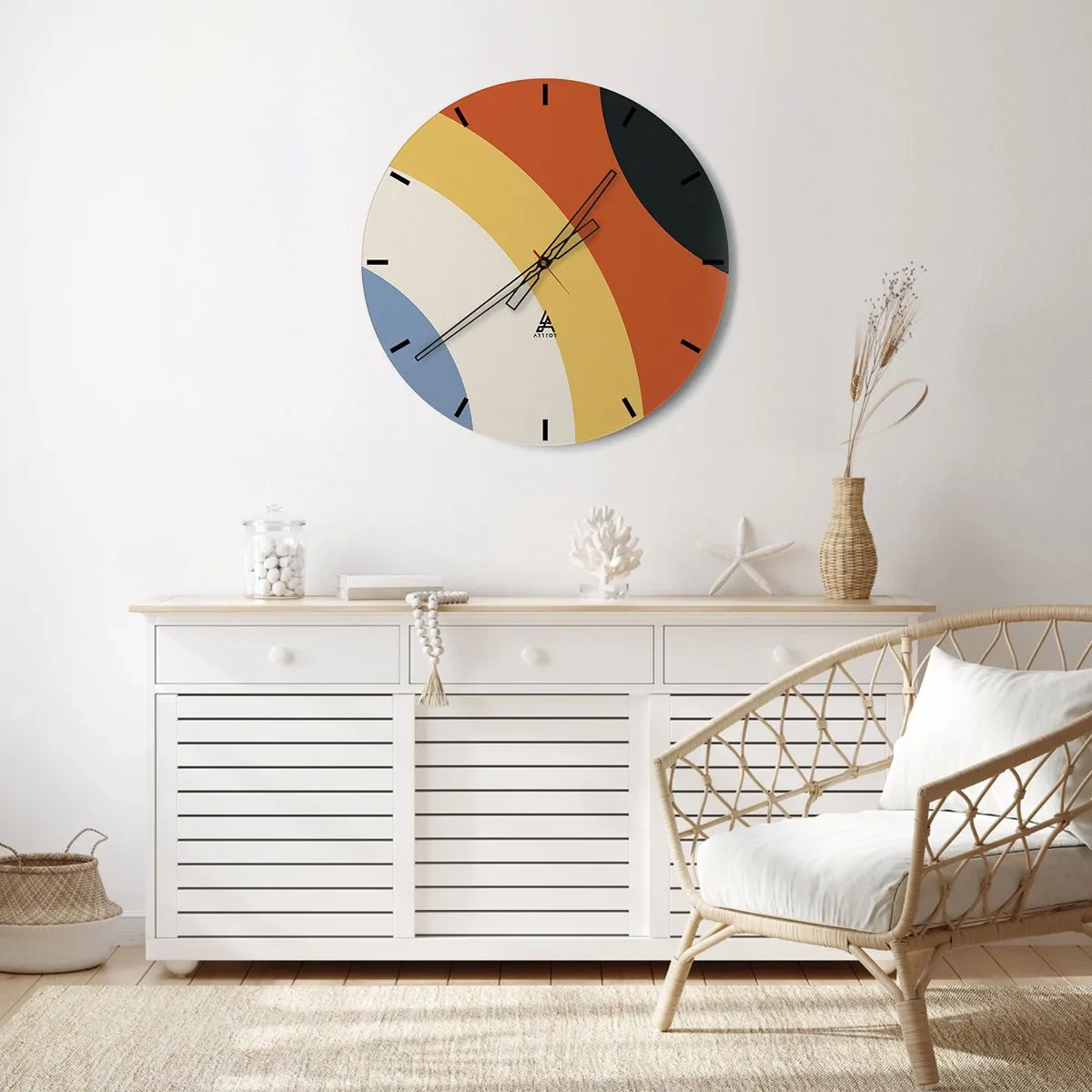 Nástěnné hodiny - Geometrické oblouky v odstínech oranžové, béžové a modré - 30x30cm - K sobě samému - Moderní nástěnná dekorace do obývacího pokoje, kuchyně a ložnice ARTTOR