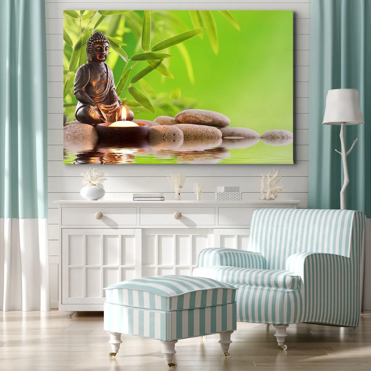 Obraz na plátně - Buddhova postava s kameny a svíčkou na bambusovém pozadí - 70x50cm - Život je krásný - Moderní nástěnná dekorace do obývacího pokoje a ložnice ARTTOR