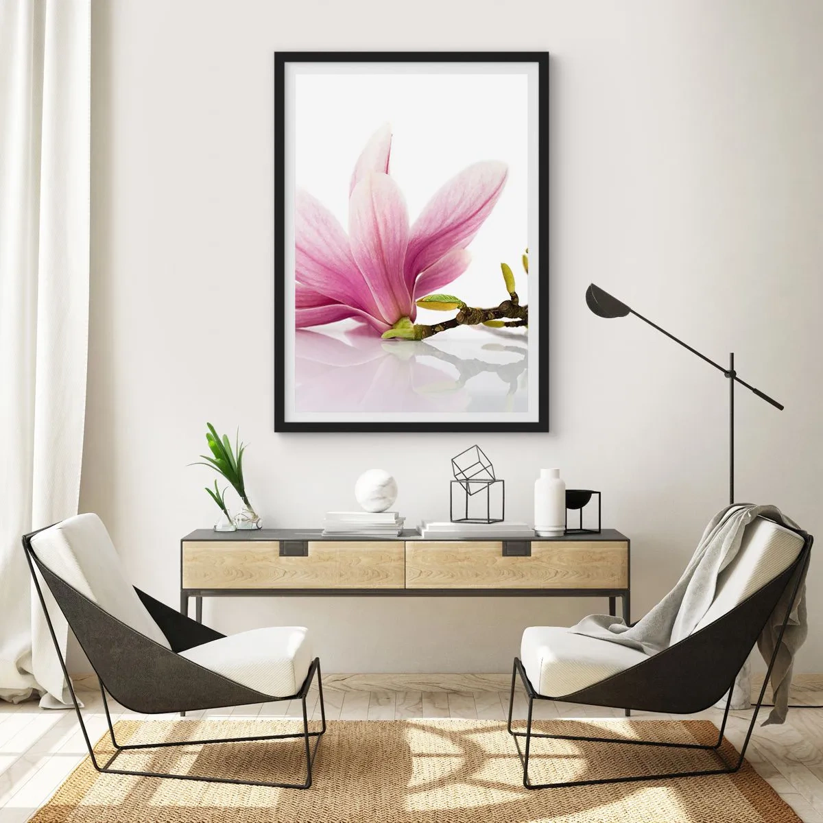 Plakát v černém rámu - Růžový květ magnólie na větvi s bílým pozadím - 50x70cm - Jemné jako závan jara - Moderní nástěnná dekorace do obývacího pokoje a ložnice ARTTOR