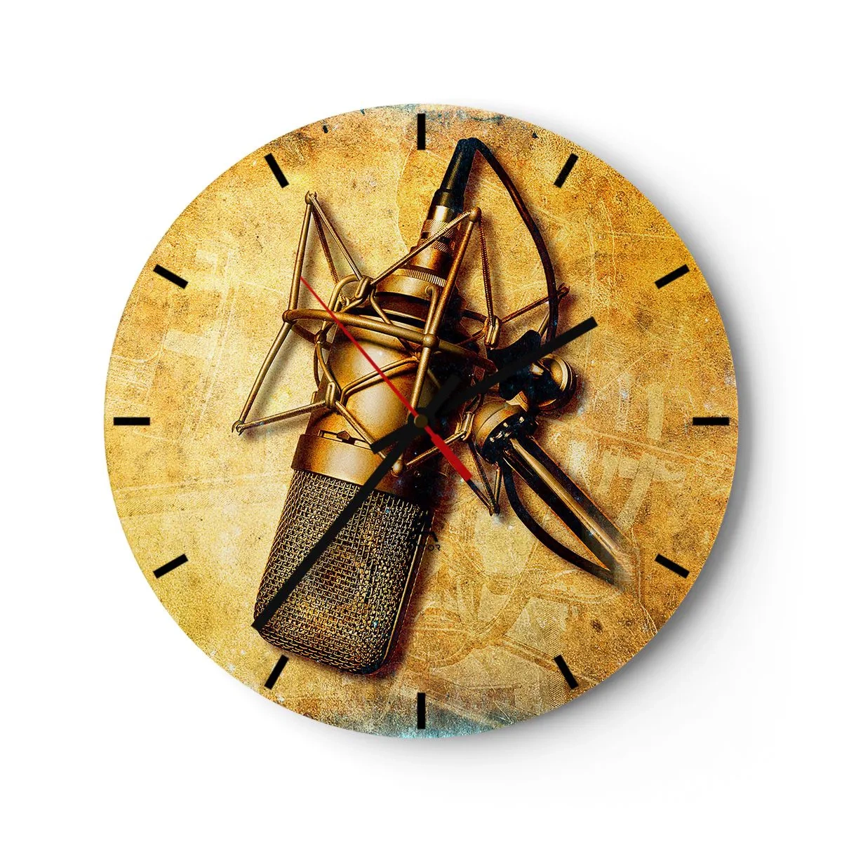 Nástěnné hodiny - Motiv studiového mikrofonu na zlatém pozadí - 30x30cm - Zlaté roky rádia - Moderní nástěnná dekorace do obývacího pokoje, kuchyně a ložnice ARTTOR