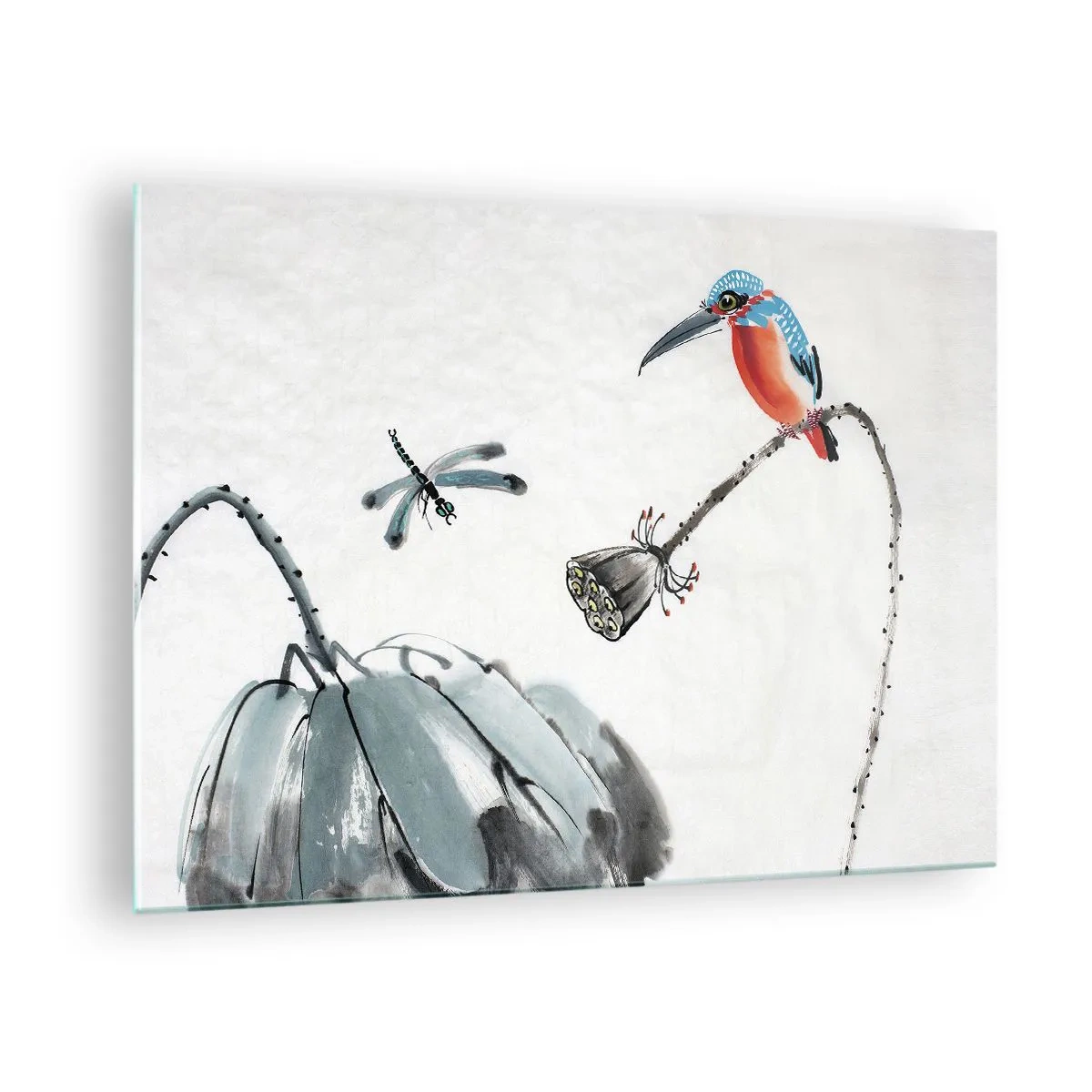 Obraz na skle - Ilustrace barevného ptáka a vážky na pozadí vegetace - 70x50cm - Život louky - Moderní nástěnná dekorace do obývacího pokoje a ložnice ARTTOR