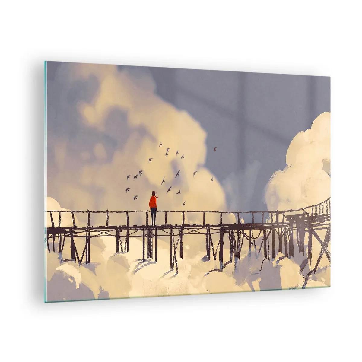 Obraz na skle - Muž na dřevěném mostě obklopeném mraky - 70x50cm - Modrý stesk - Moderní nástěnná dekorace do obývacího pokoje a ložnice ARTTOR