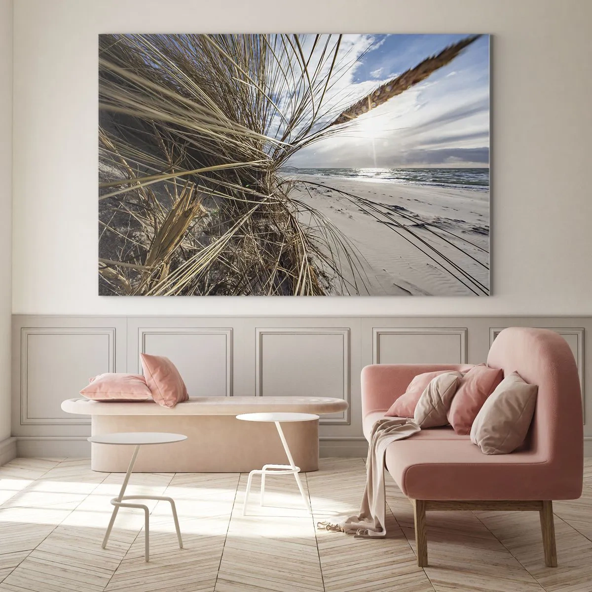 Obraz na skle - Zlatá tráva na pozadí písečné pláže a moře - 70x50cm - Setkání živlů - Moderní nástěnná dekorace do obývacího pokoje a ložnice ARTTOR