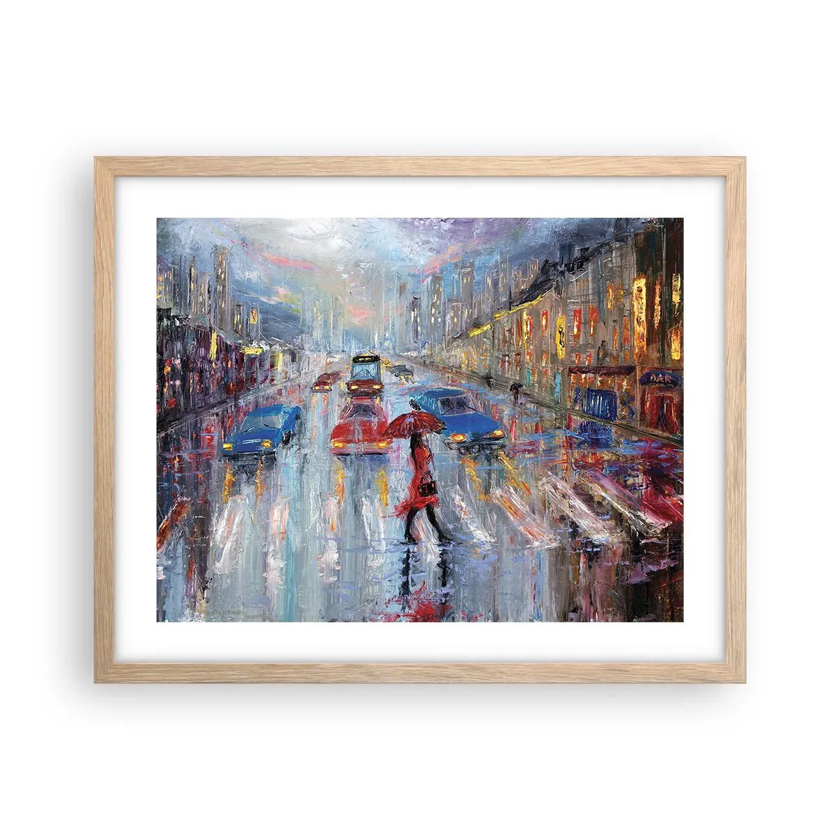 Plakát v rámu světlý dub - Deštivé odpoledne ve městě - 50x40 cm