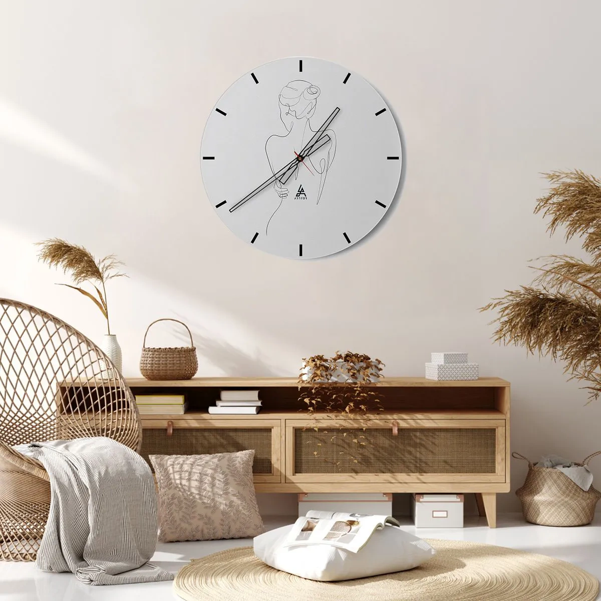Nástěnné hodiny - Jemná linie ženské siluety na bílém pozadí - 30x30cm - Hudba těla - Moderní nástěnná dekorace do obývacího pokoje, kuchyně a ložnice ARTTOR