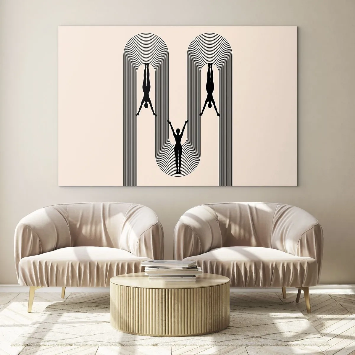 Obraz na skle - Černé siluety postav zavěšených v rytmických obloucích - 70x50cm - Vzhůru nohama - Moderní nástěnná dekorace do obývacího pokoje a ložnice ARTTOR