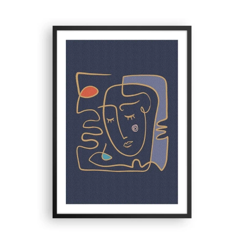 Plakát v černém rámu - Minimalistický abstraktní obličej na tmavě modrém pozadí ve stylu čárové grafiky - 50x70cm - V zádumčivosti - Moderní nástěnná dekorace do obývacího pokoje a ložnice ARTTOR