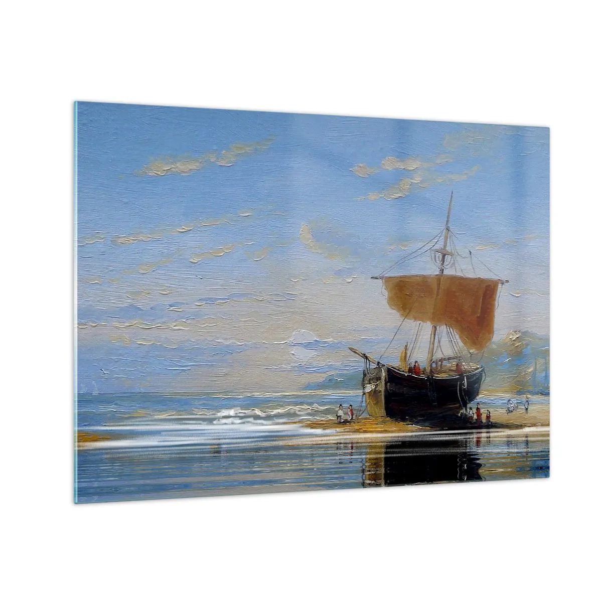 Obraz na skle - Loď s plachtou u břehu v malířském stylu - 70x50cm - Voda, země, vzduch - Moderní nástěnná dekorace do obývacího pokoje a ložnice ARTTOR